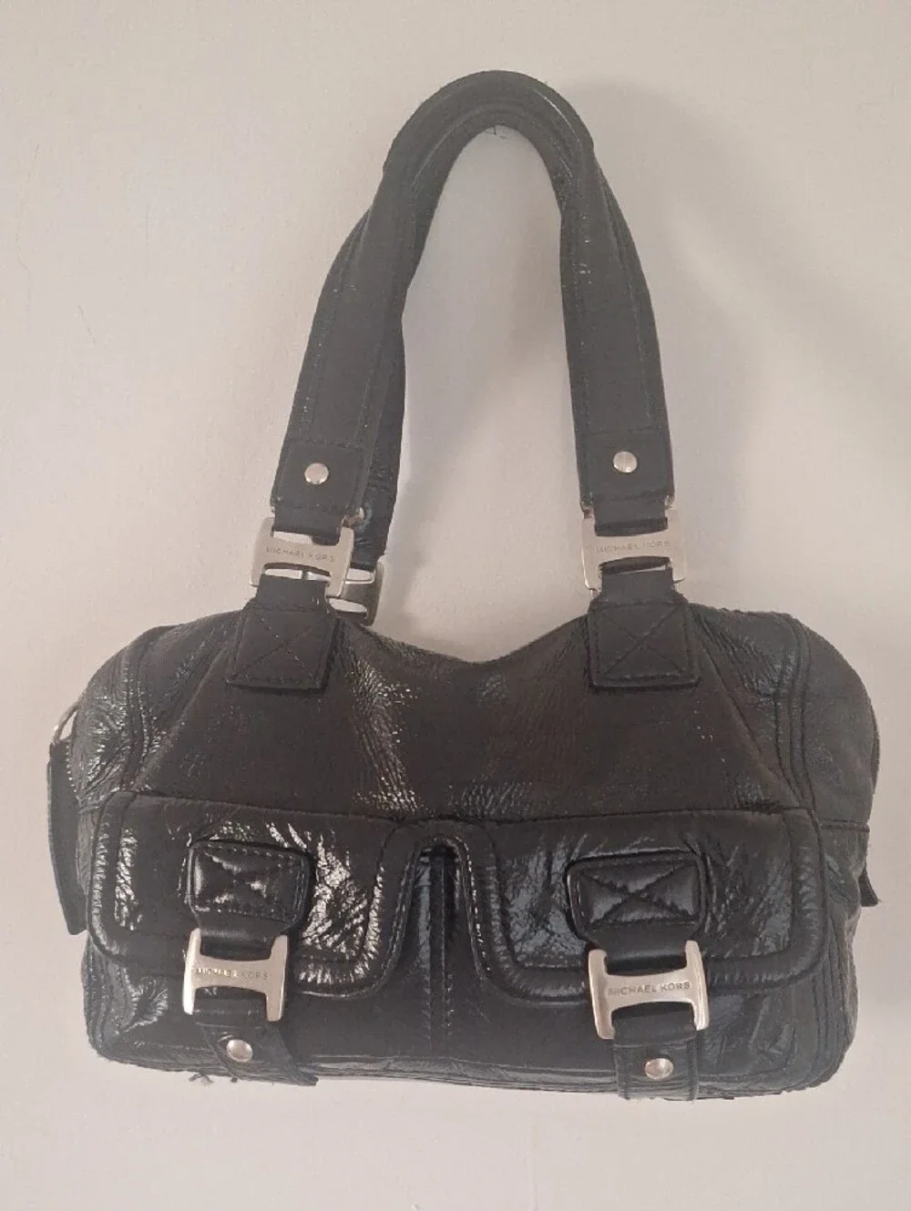 Michael Kors Black Patent Leather Shoulder Bag with Silver Hardware